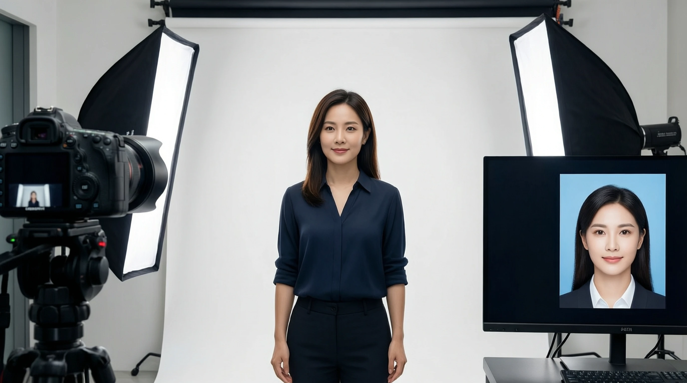 Professional passport photo with white background created using AI background removal